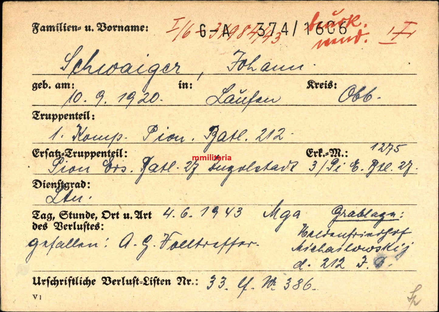 Sterbebild Leutnant Laufen 1. Komp. Pionier Btl. 212 Mga Russland - www.mmilitaria.com