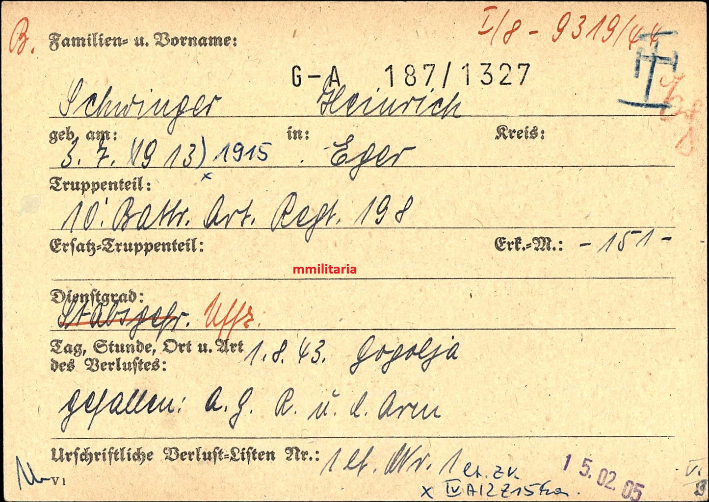 Sterbebild Unteroffizier Eger 10. Batterie Art. Regt. 198 Nowo-Prokowsky Russland