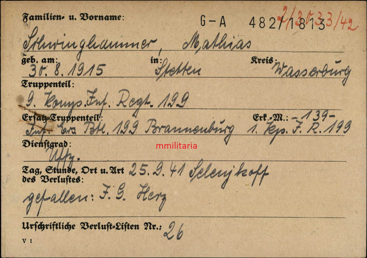 Sterbebild Unteroffizier Stetten 9. Komp. Inf. Regt. 199 "List" Ukraine