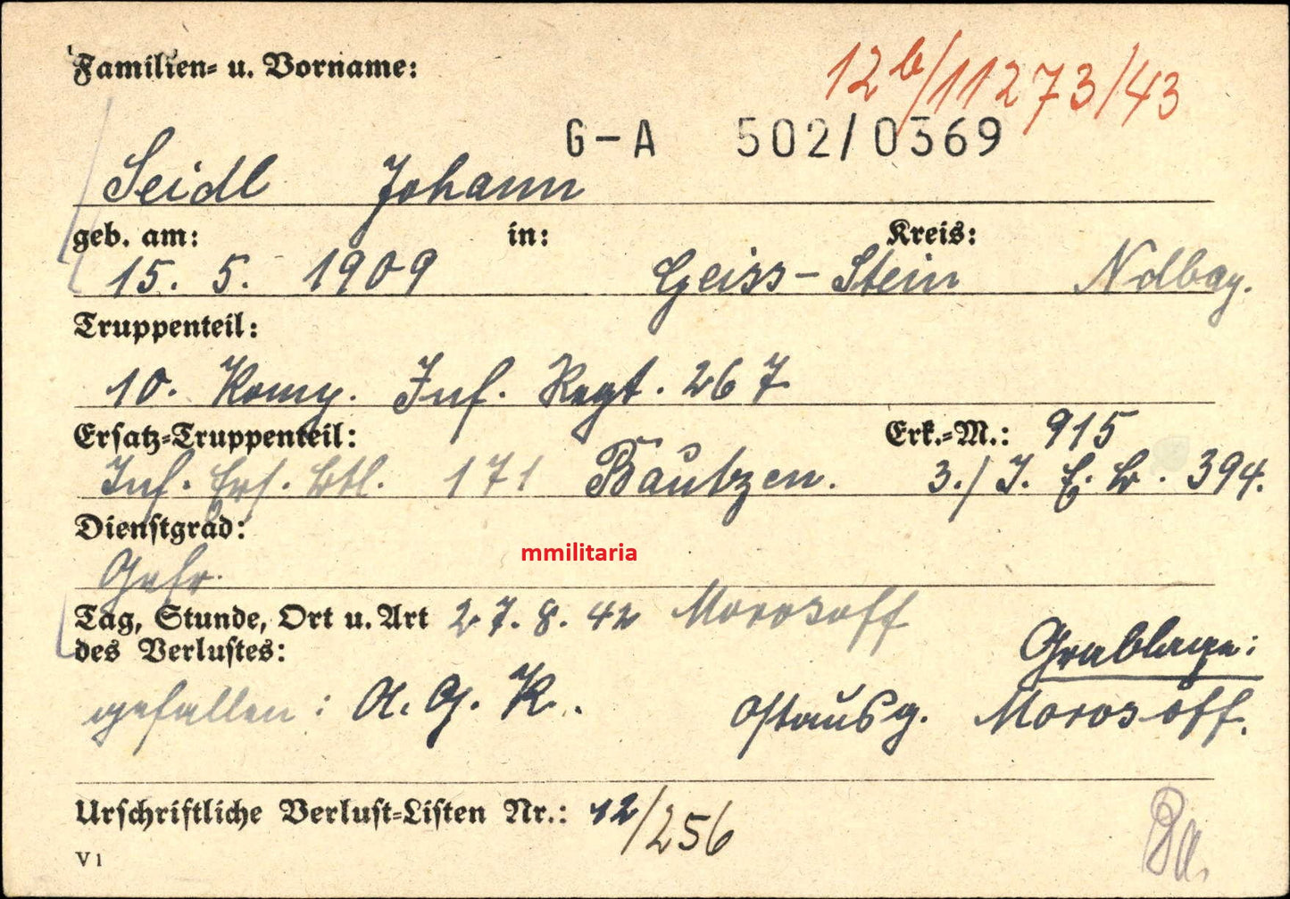 Sterbebild Gefreiter Hemerau 10. Komp. Inf. Regt. 267 Morosoff Stalingrad Russland