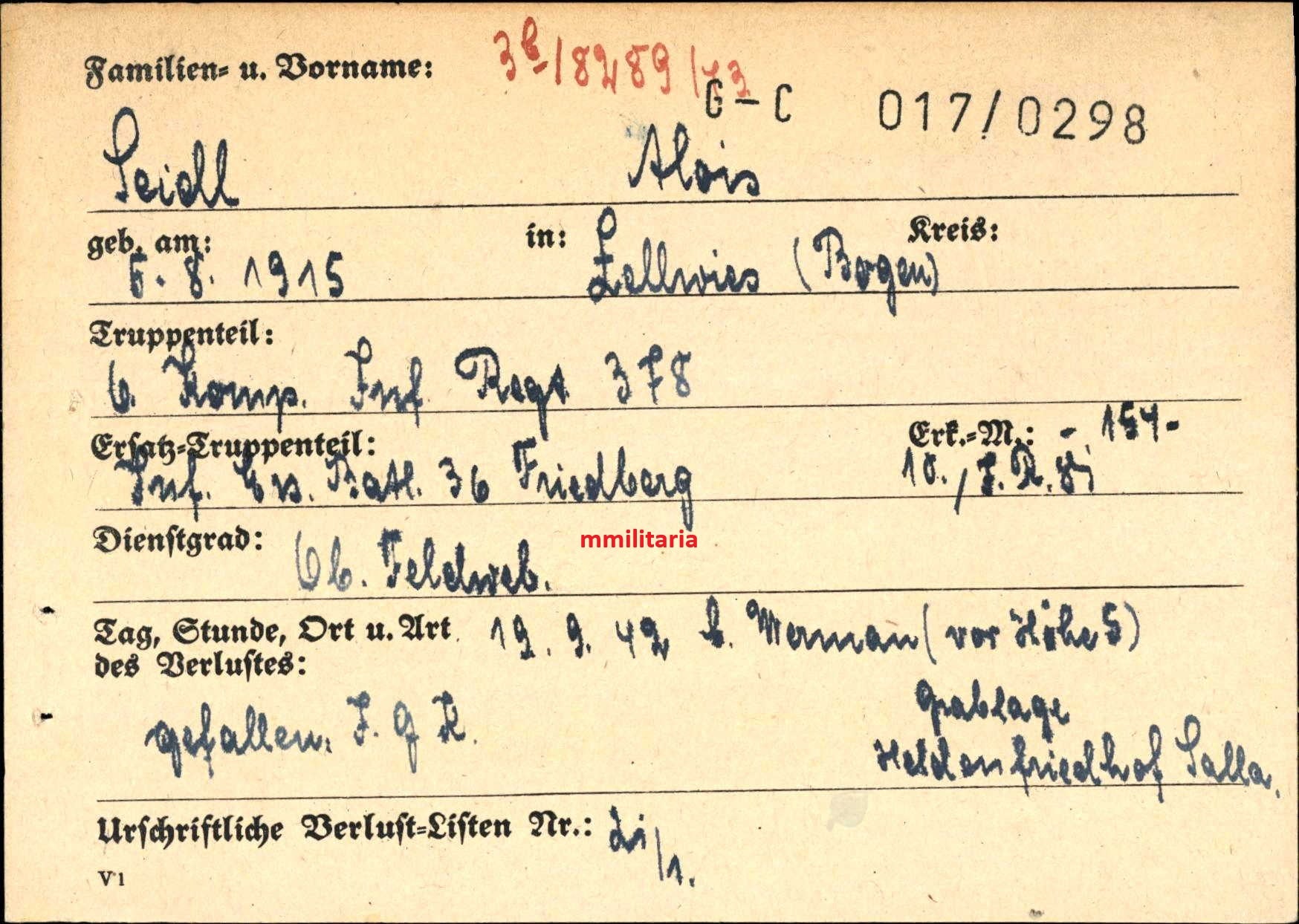 Sterbebild Oberfeldwebel Zellwies 6. Komp. Inf. Regt. 378 DKiG Am Werman (vor Höhe 5) Finnland Russland - www.mmilitaria.com