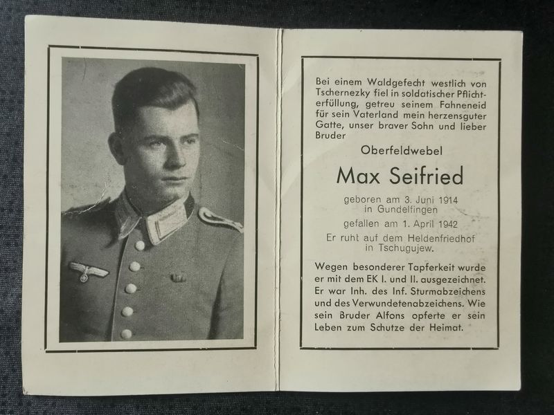 Sterbebild Oberfeldwebel Gundelfingen 5. Komp. Inf. Regt. 522 EK I&II ISA Waldgefecht Tschernezky Russland