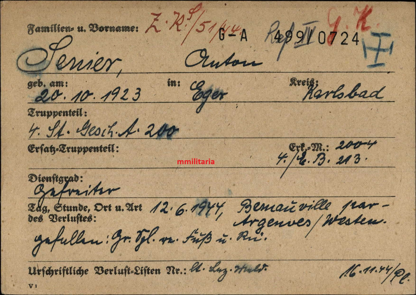 Sterbebild Gefreiter & Kradmelder Eger 4. Sturm-Geschütz Abt. 200 Cuverville Normandie La Cambe Frankreich