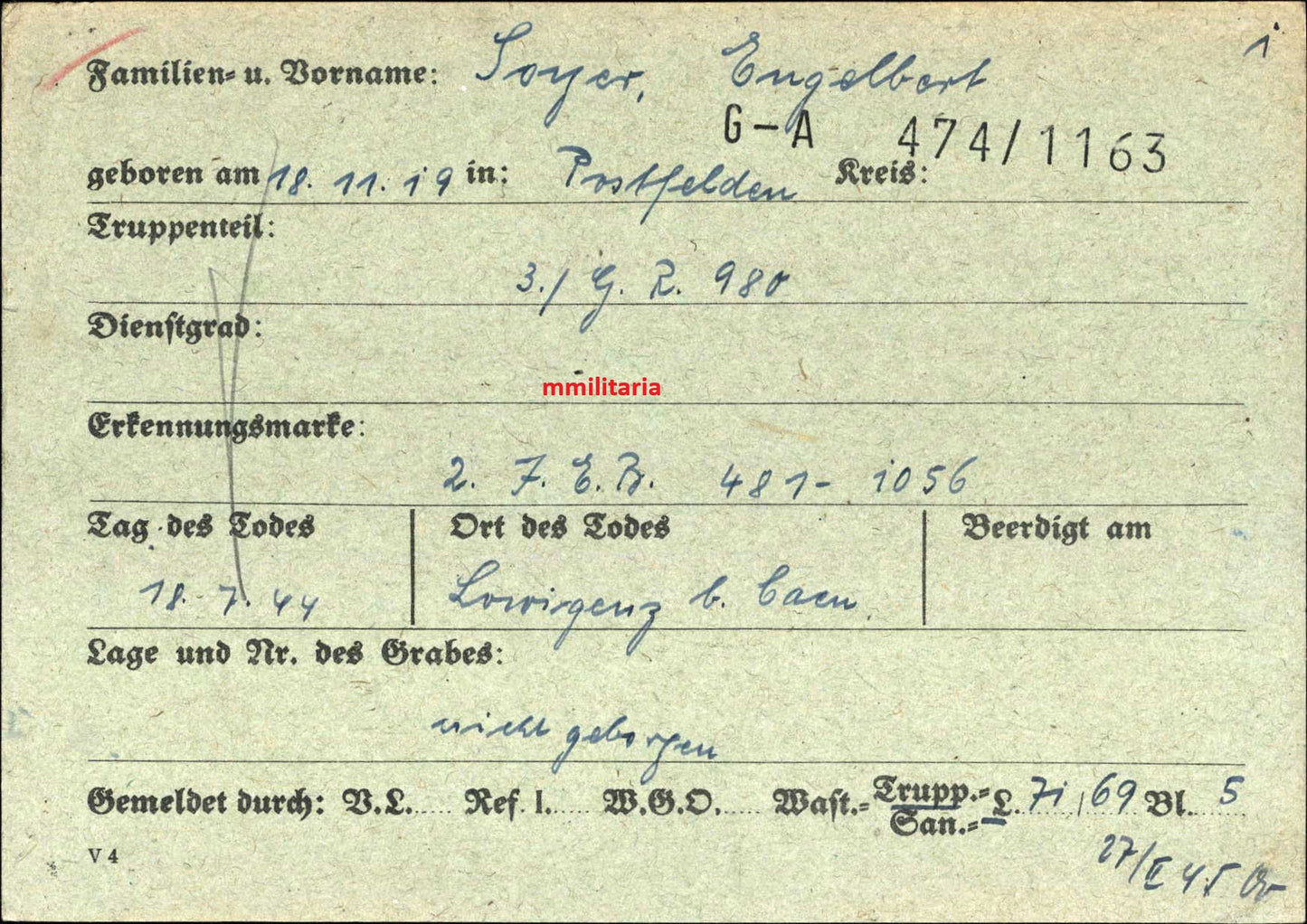 Sterbebild Obergefreiter Postfelden 3. Gren. Regt. 980 Normandie Caen La Cambe Frankreich
