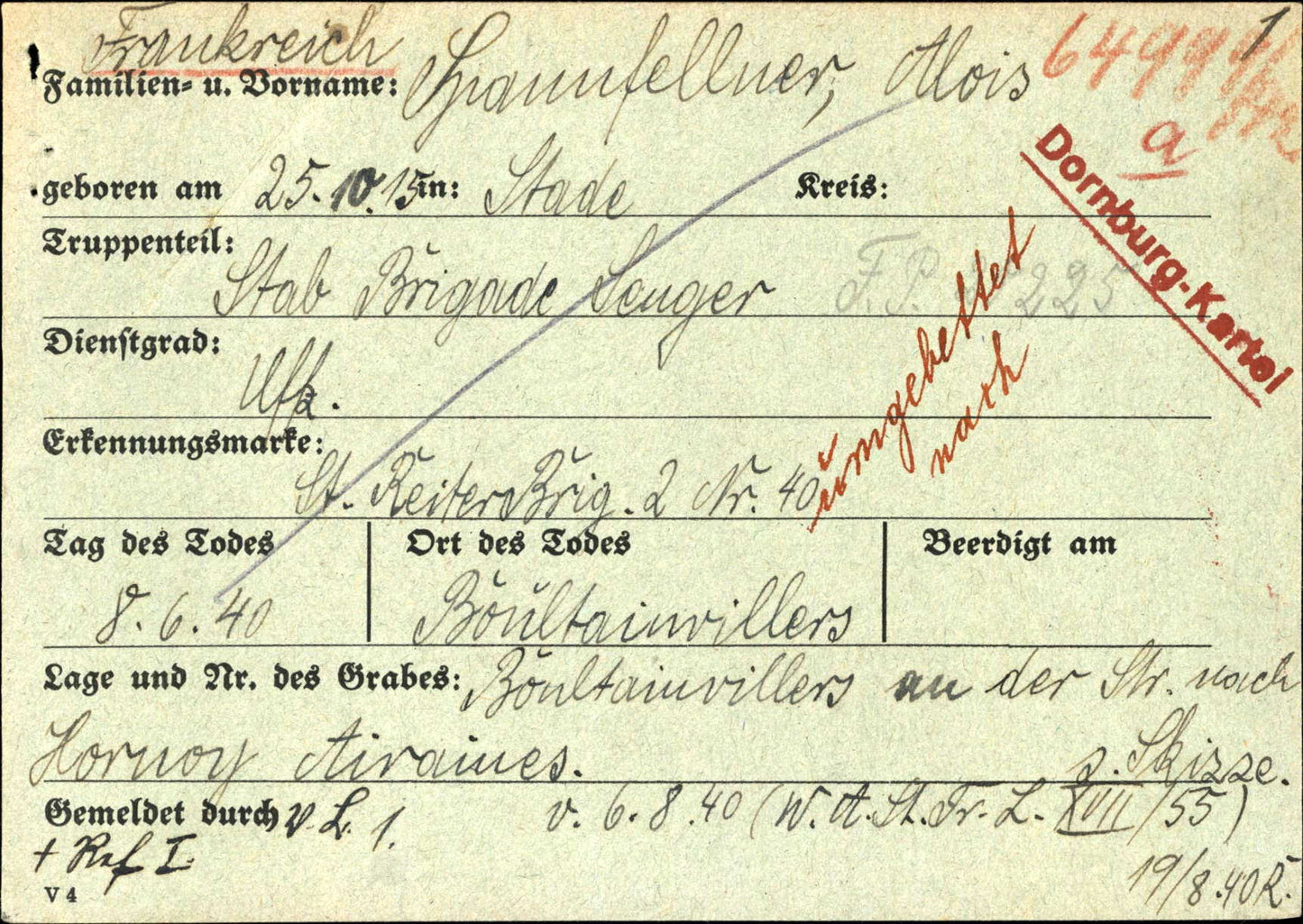 Sterbebild Unteroffizier Stadl Kavallerie Stab "Brigade Senger" Boullainvillers Frankreich