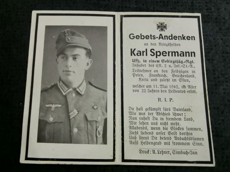 Sterbebild Unteroffizier 11. Komp. Geb. Jäg. Regt. 85 EKII ISA Kokolawrik Russland