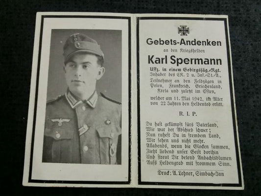 Sterbebild Unteroffizier 11. Komp. Geb. Jäg. Regt. 85 EKII ISA Kokolawrik Russland