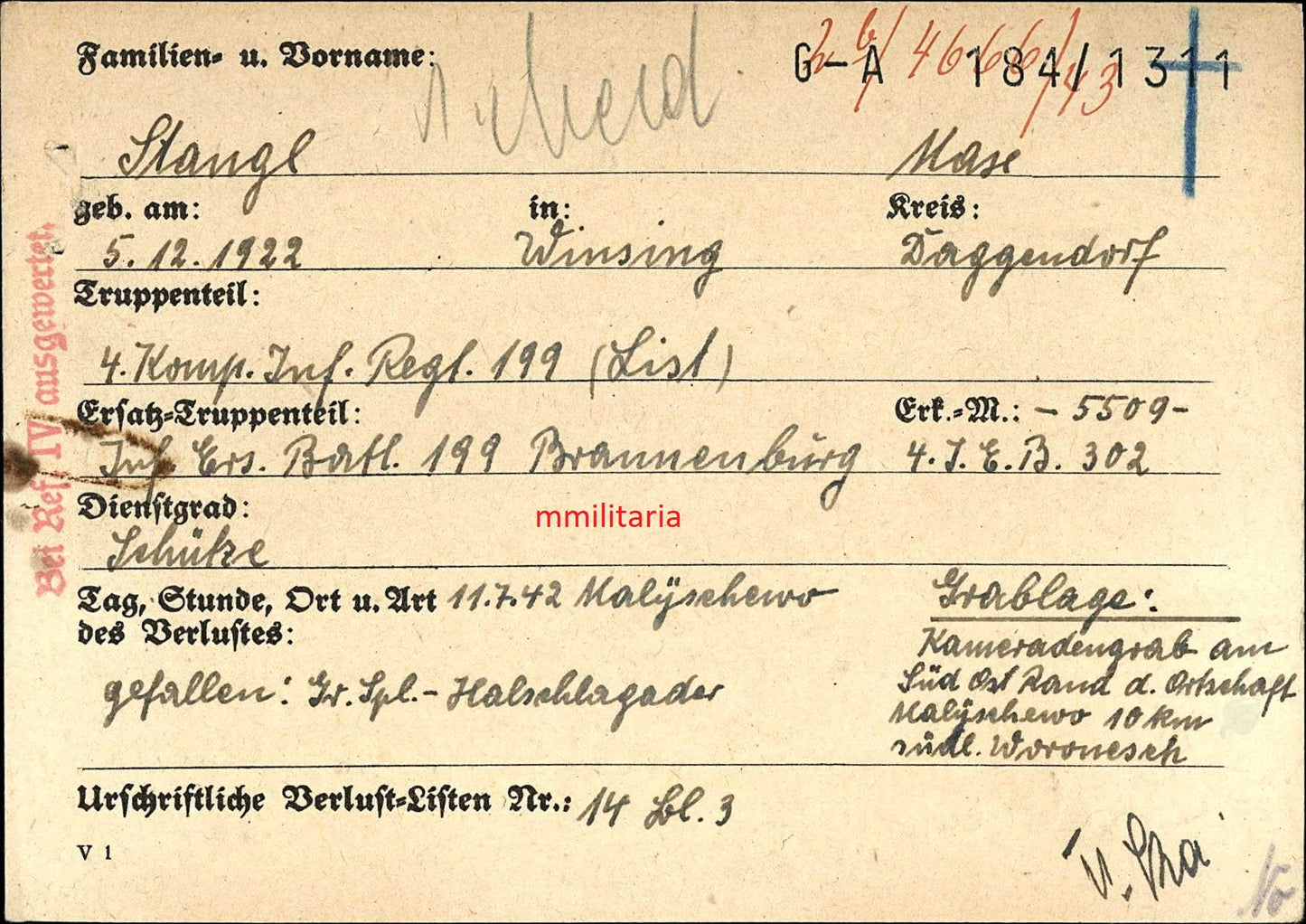 Sterbebild Schütze Winsing 4. Komp. Inf. Regt. 199 "List" Malyschewo Russland