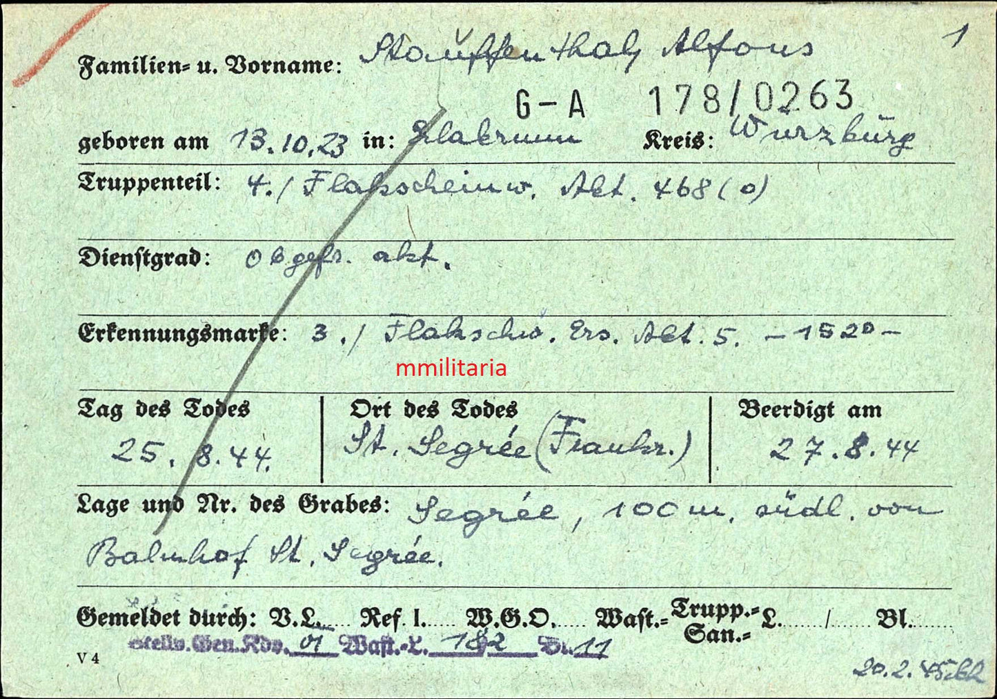 Sterbebild Obergefreiter Erlabrunn 4. Flakscheinwerfer Abt. 468 Westen Fort-de-Malmaison Frankreich