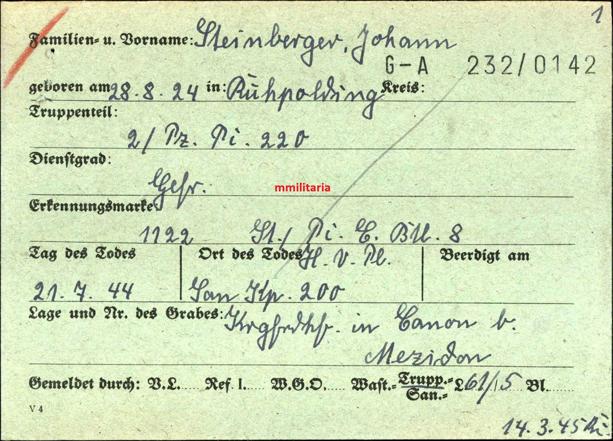 Sterbebild Gefreiter Ruhpolding 2. Panzer-Pio. Btl. 220 Mézidon-Canon Normandie Frankreich