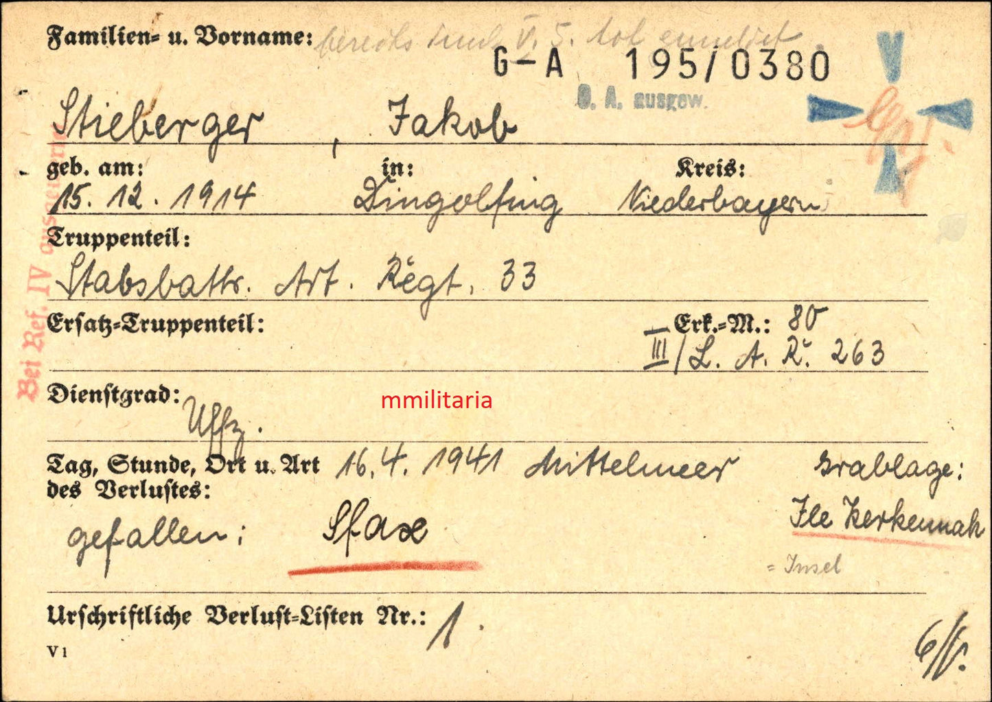Sterbebild Unteroffizier Dingolfing Stabsbatterie Art. Regt. 33 Mittelmeer Bordj-Cedria Tunesien