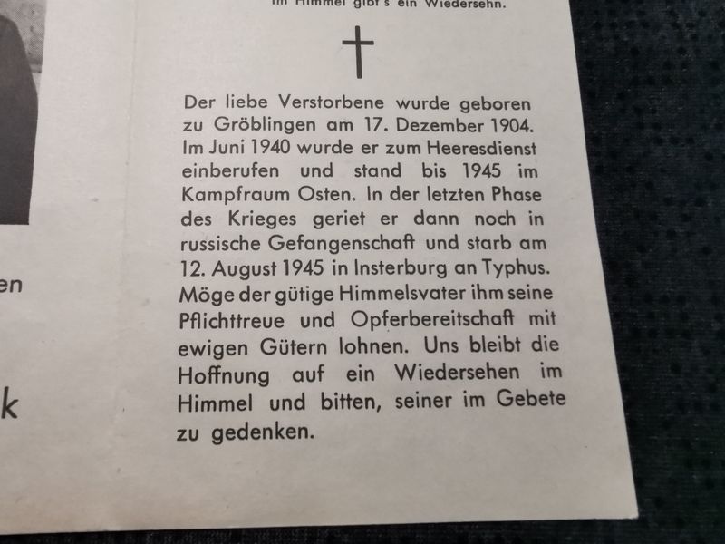 Sterbebild Obergefreiter Gröblingen Kriegsende Seuchenlazarett Insterburg Cernjachovsk Russland