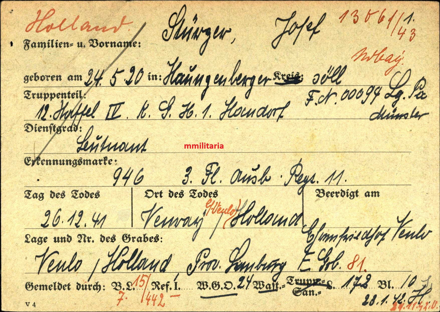 Sterbebild Leutnant Haunzenbergsöll Pilot 12./KG-1 "Hindenburg" Venray Venlo Holland