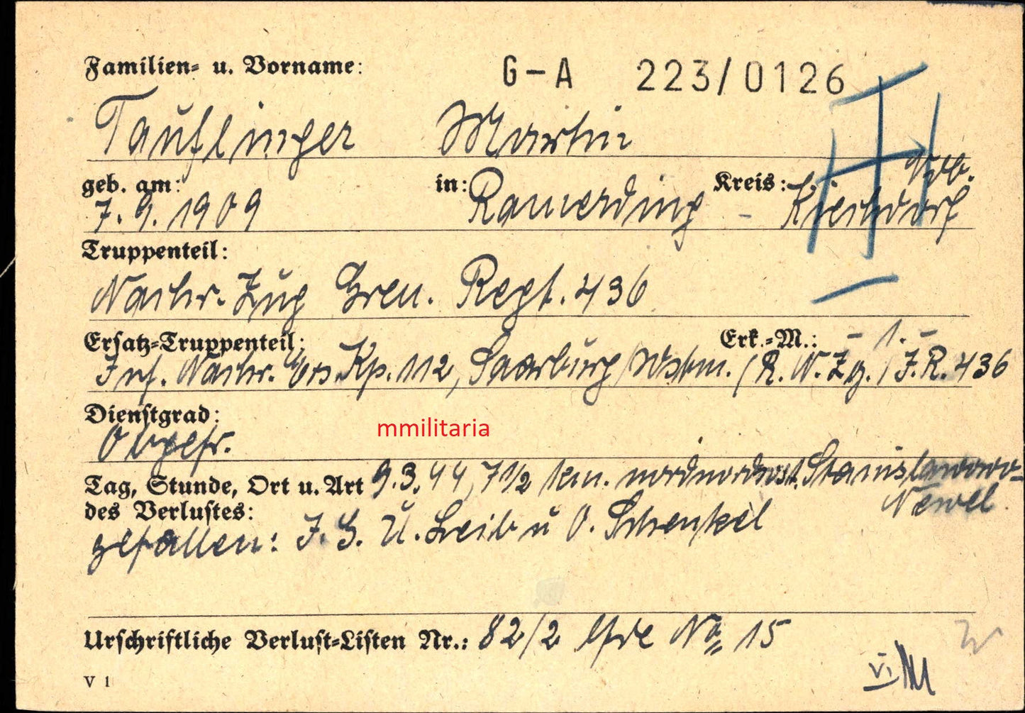 Sterbebild Obergefreiter Kirchdorf Nachrichtenzug Gren. Regt. 436 Stanislawowo Weissrussland