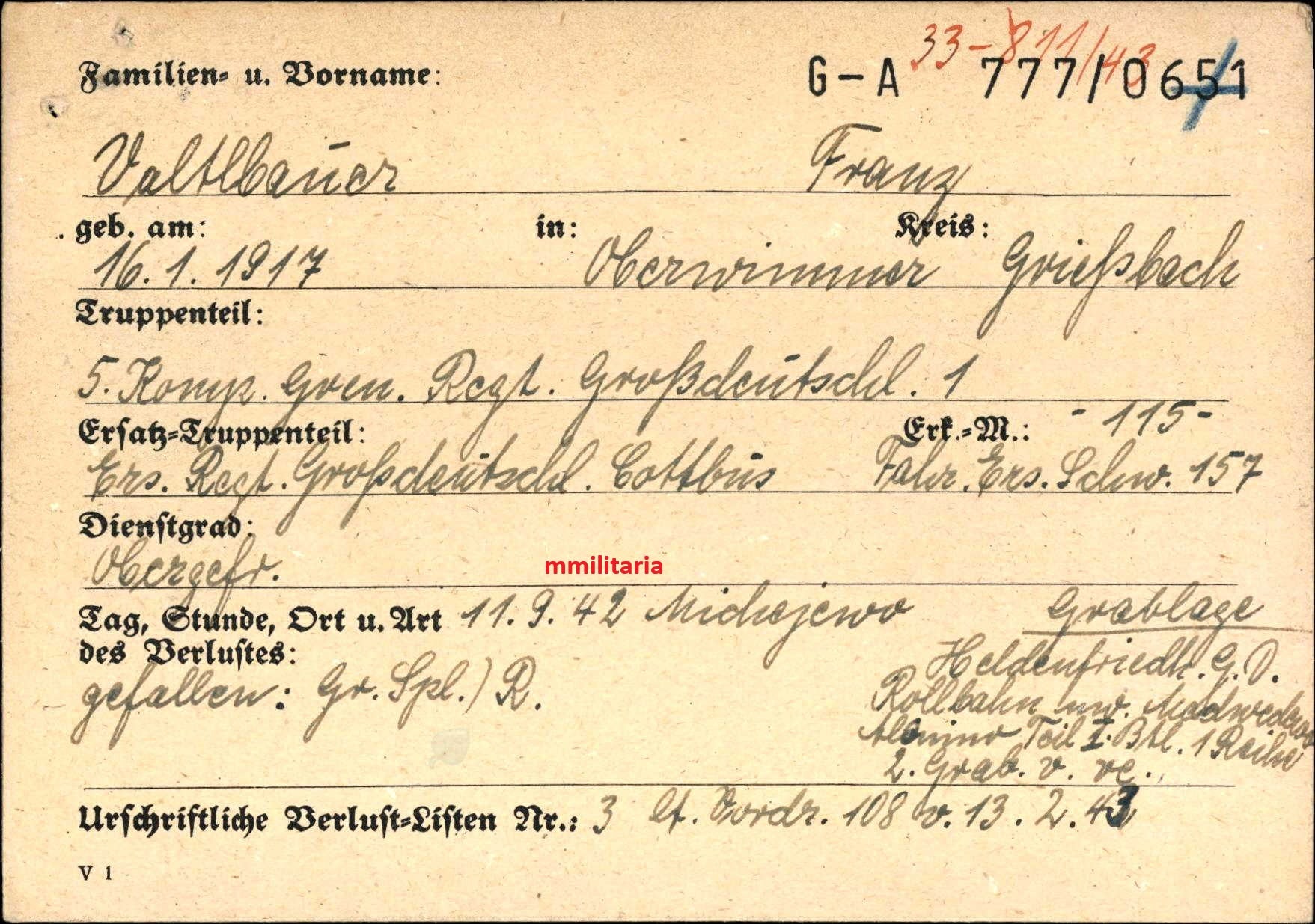 Sterbebild Obergefreiter Oberwimmer 5. Komp. Gren. Regt. "Großdeutschland" GD Michejewo Russland - www.mmilitaria.com