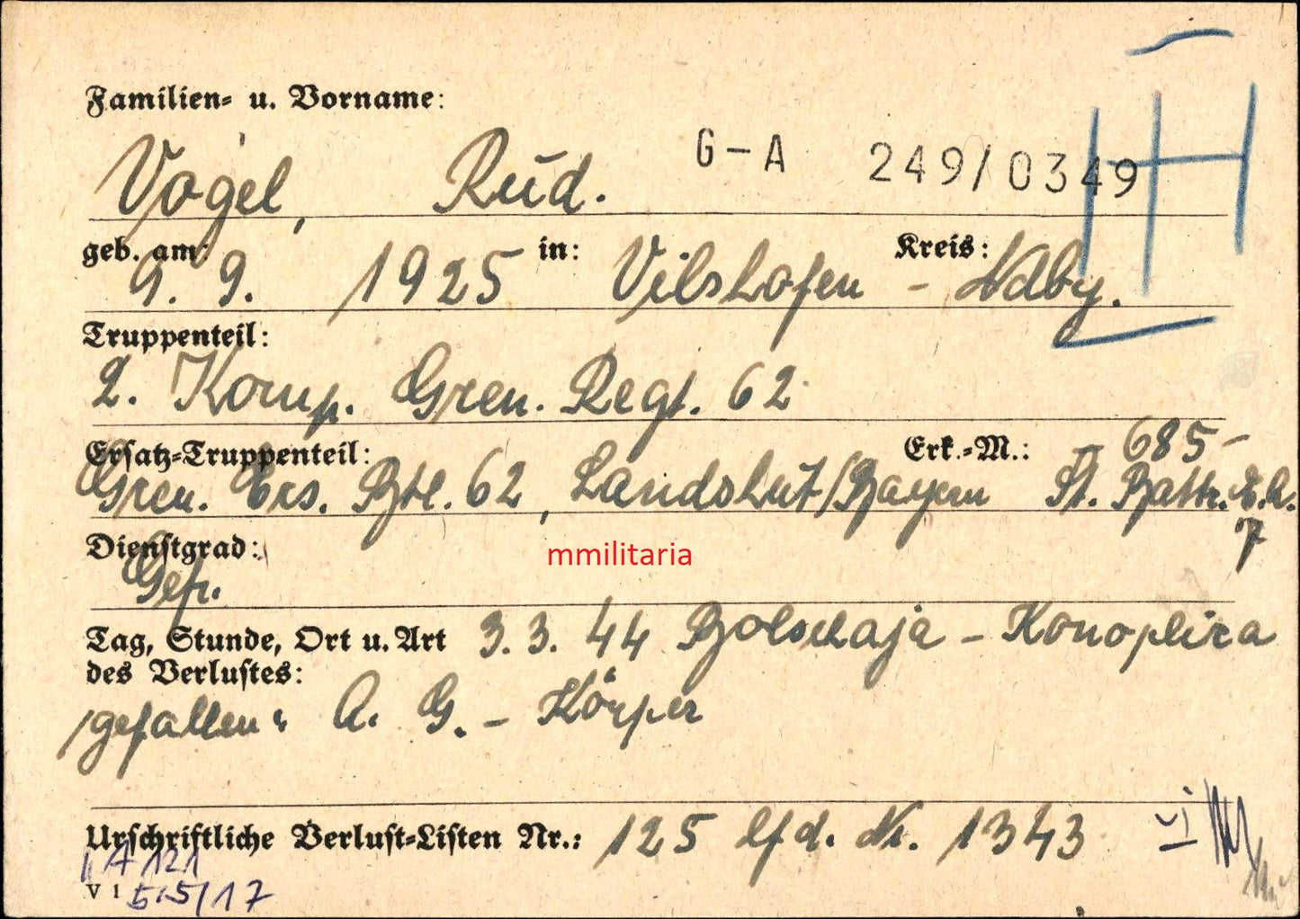 Sterbebild Gefreiter 2. Komp. Gren. Regt. 62 Vilshofen Bobruisk Weissrussland