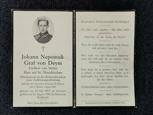 Sterbebild Oberleutnant Arnstorf Adel Reiterschwadron Aufklärungs Abt. EK II Raszytoje Russland