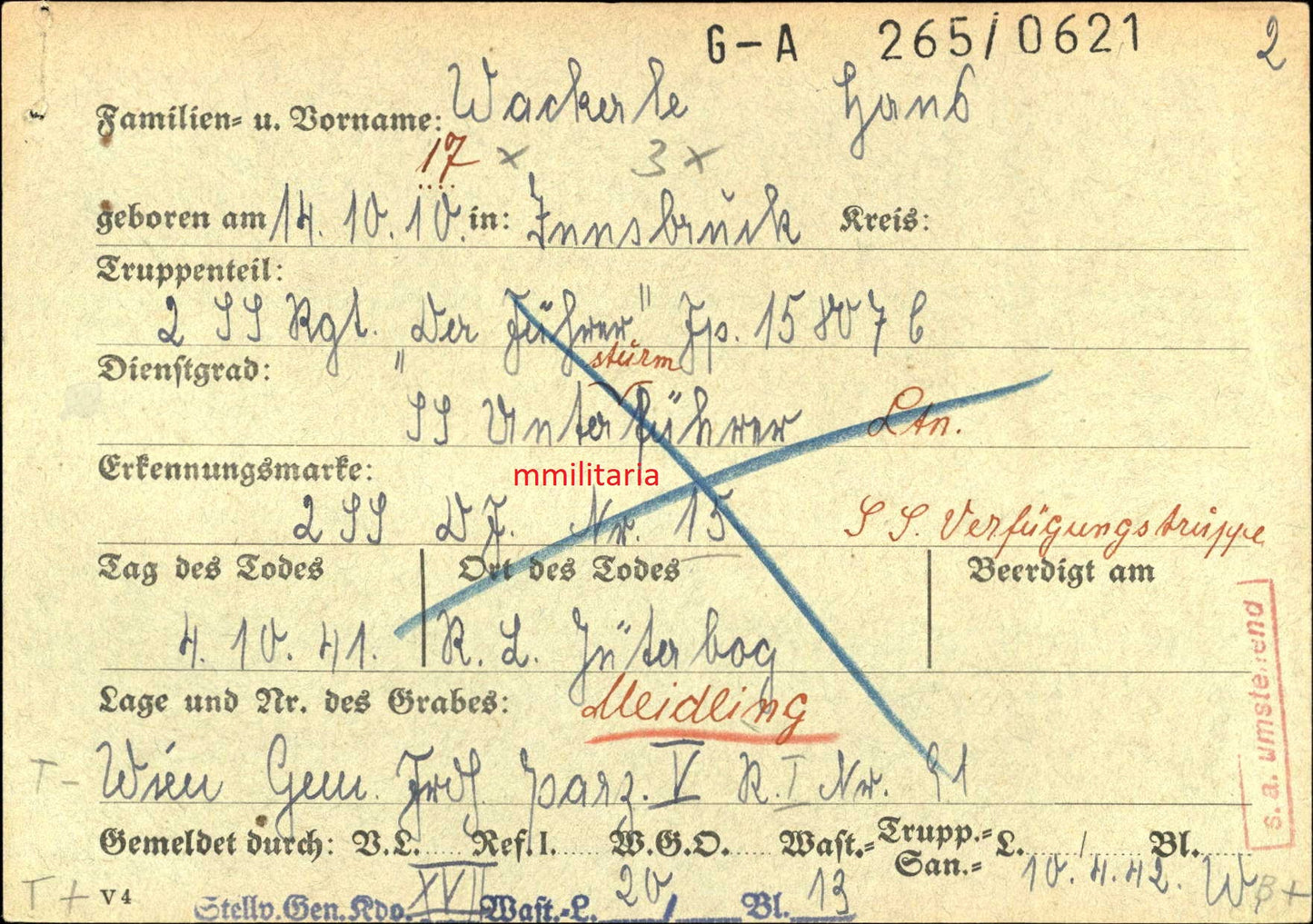 Sterbebild (Groß) SS-Untersturmführer Innsbruck 2. SS-Regt. "Der Führer" DF Reservelazarett Jüterbog