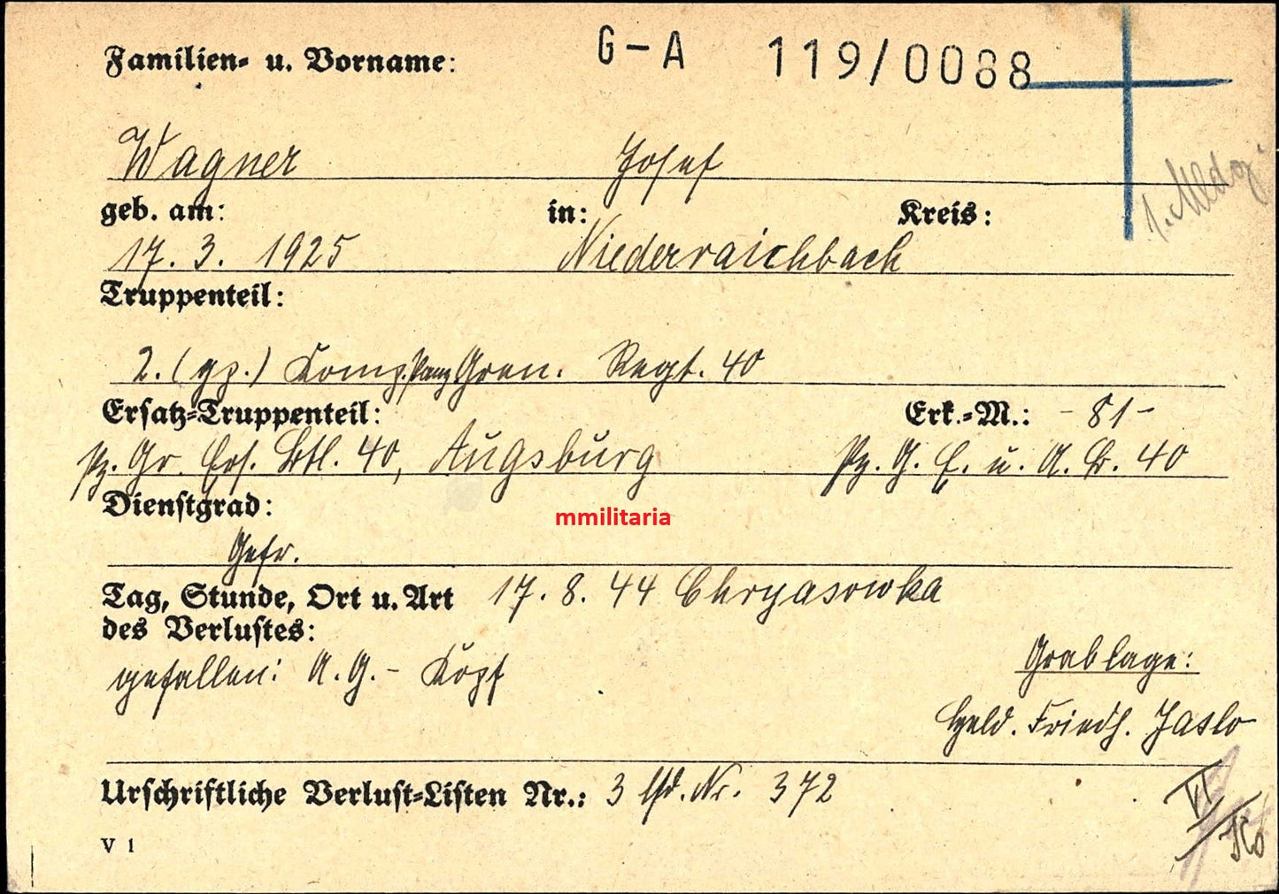 Sterbebild Gefreiter Niederaichbach 2. Komp. Panzer-Gren. Regt. 40 Chrząstówka Polen