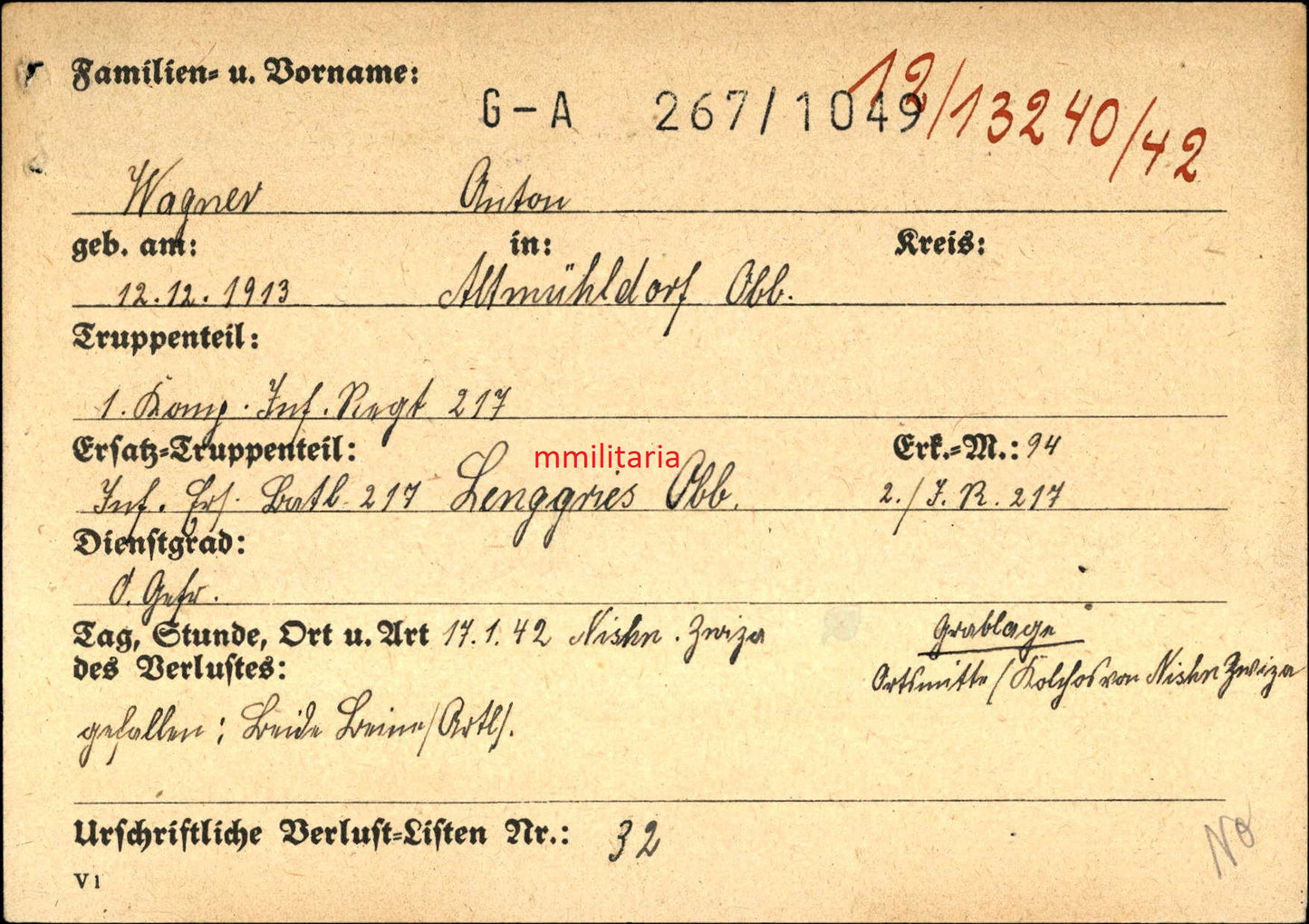 Sterbebild Obergefreiter Altmühldorf 1. Komp. Inf. Regt. 217 Nishe Iwiza Russland