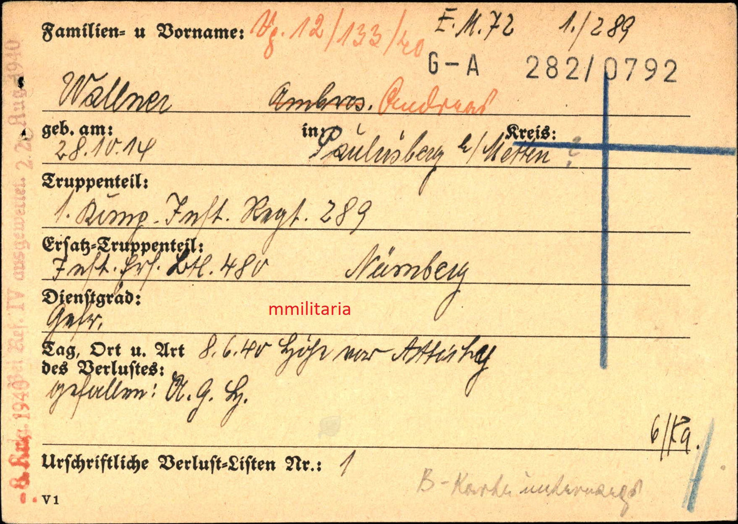 Sterbebild Gefreiter Paulusberg 1. Komp. Inf. Regt. 289 Attichy Aisne Frankreich