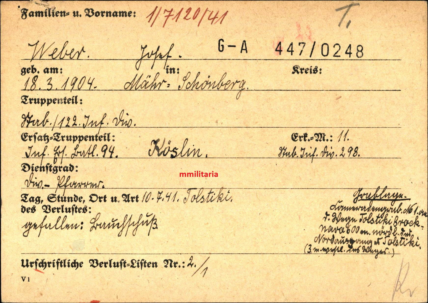 Sterbebild Divisionspfarrer Priester Mährisch Schönberg Stab 122 Inf. Division Tolstiki Russland