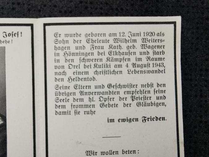 Sterbebild Gefreiter 6. Komp. Sturm Regt. 14 Kratzwinkel Orel Kuliki Russland