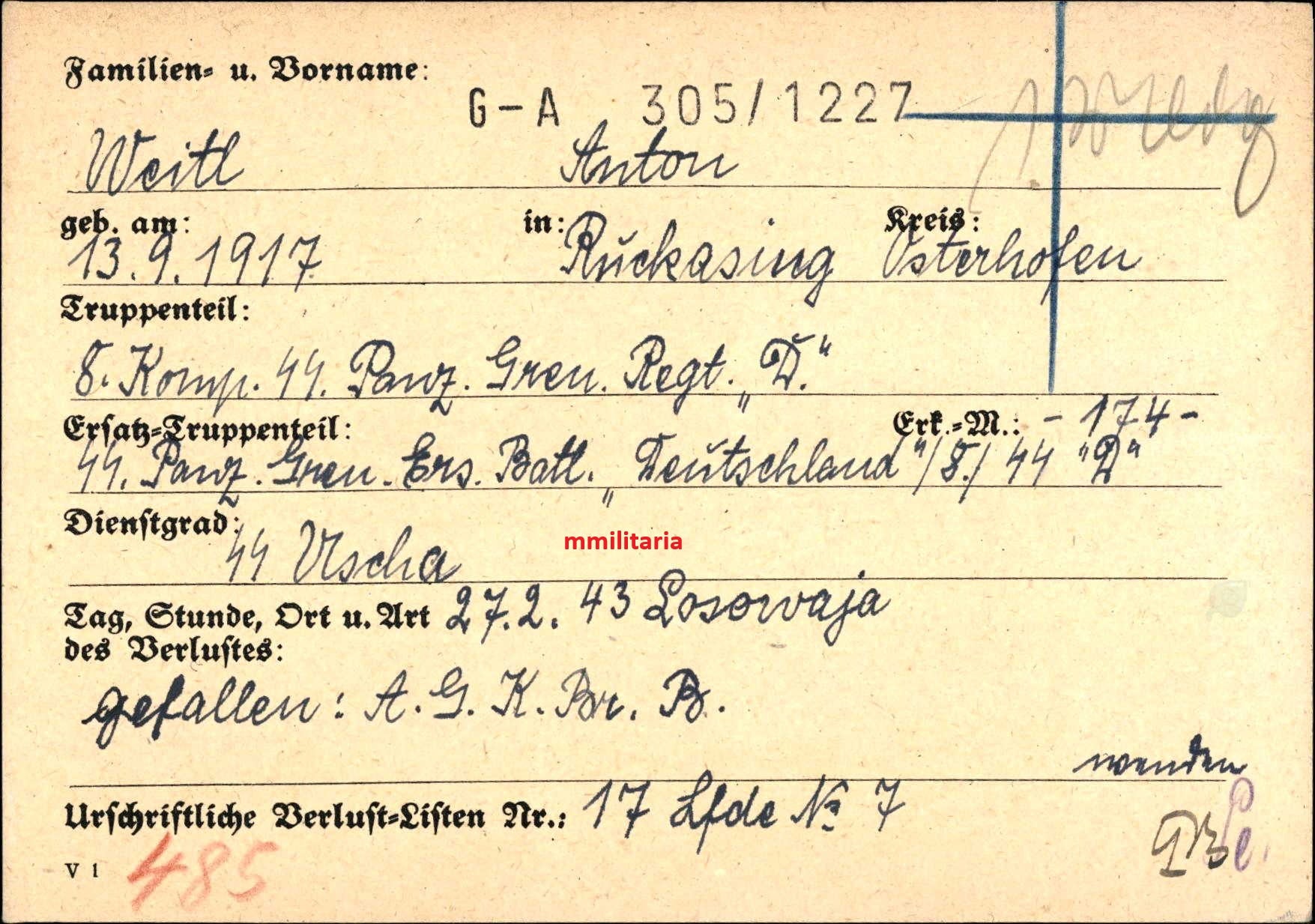 Sterbebild SS-Unterscharführer Ruckasing 8. Komp. SS-Panzer Gren. Regt. "Deutschland" Losewaja Russland - www.mmilitaria.com