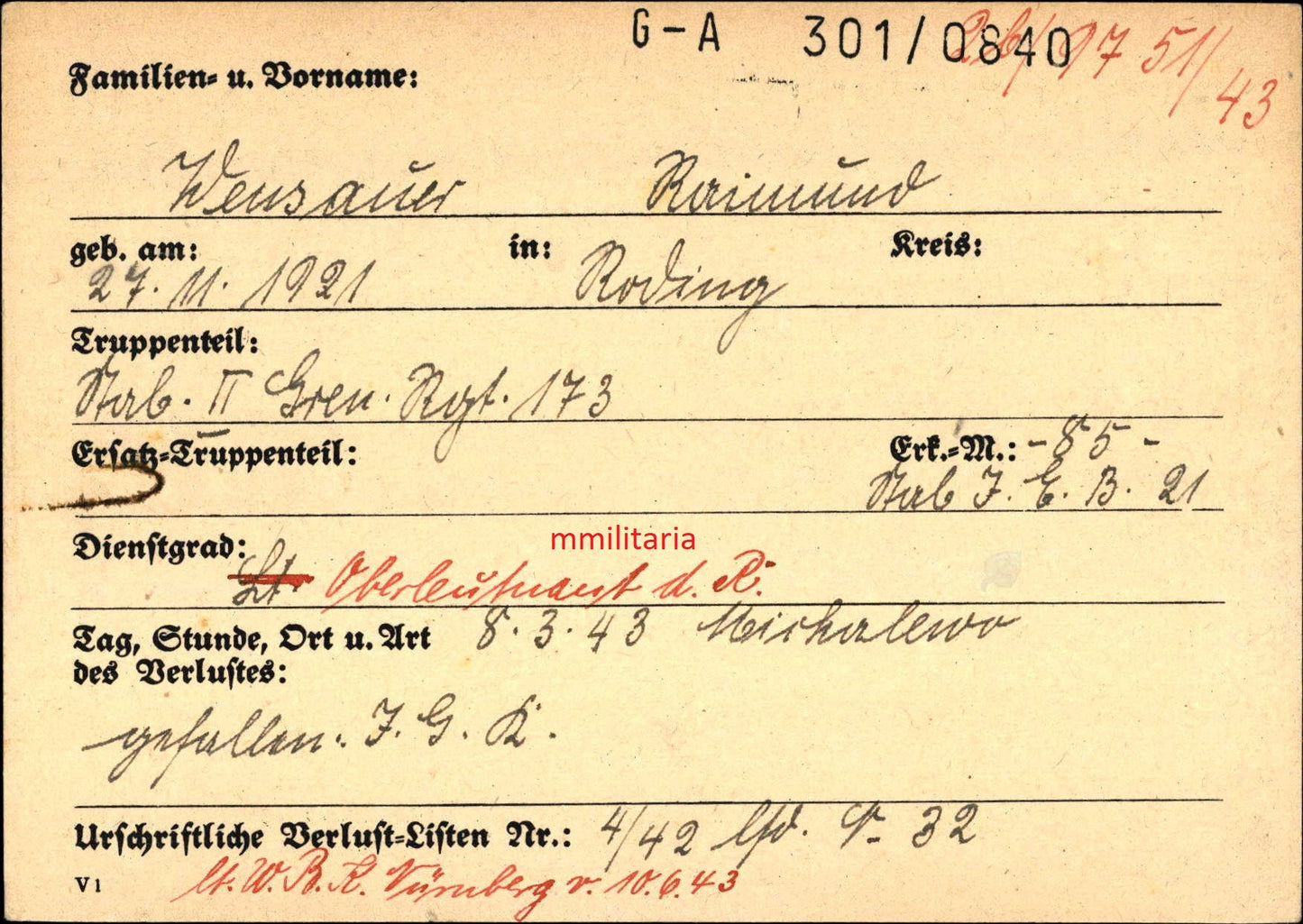 Sterbebild Oberleutnant Roding Stab II Gren. Regt. 173 Michalewo Russland