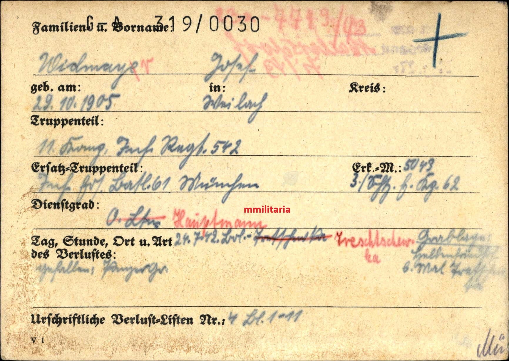 Sterbebild Hauptmann Weilach KP-Chef 11. Komp. Inf. Regt. 542 Treudienst-Abz. 12 Jahre Mal Treschewka Russland - www.mmilitaria.com