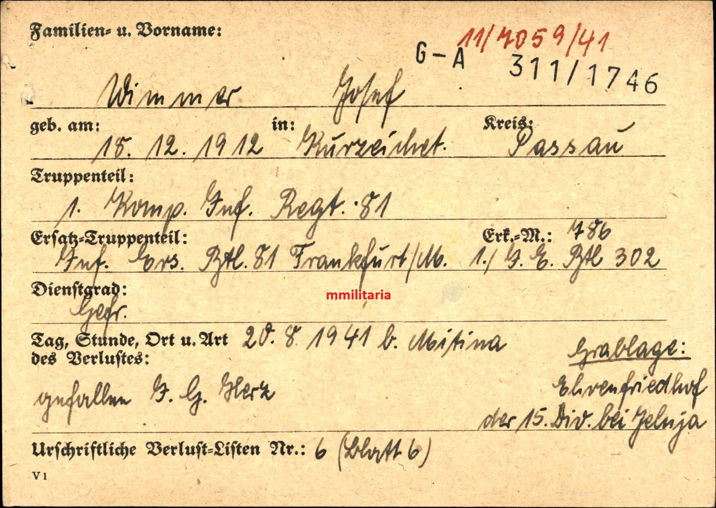Sterbebild Gefreiter Kurzeichet 1. Komp. Inf. Regt. 81 Mitina Russland