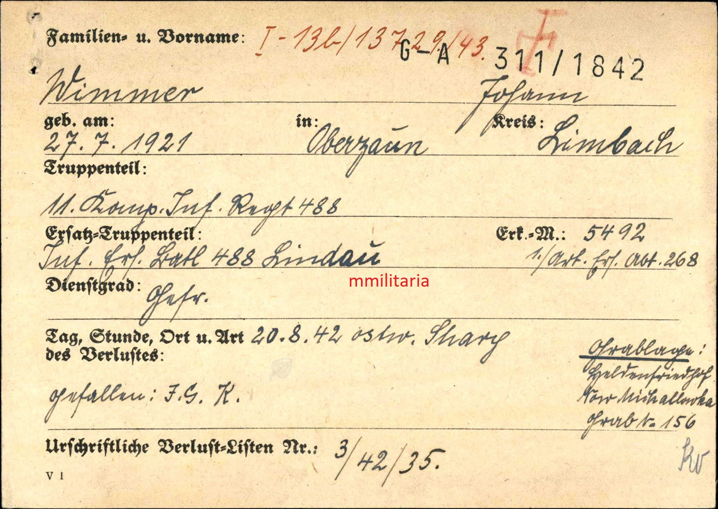 Sterbebild Gefreiter Oberzaun 11. Komp. Inf. Regt. 488 Michailowka Russland