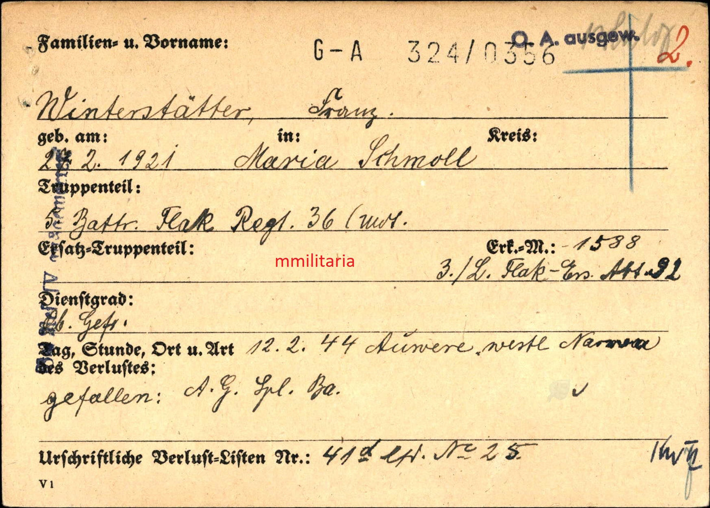 Sterbebild Obergefreiter 5. Batterie Flak Regt. 36 (Mot) EK II Auvere Narwa Estland