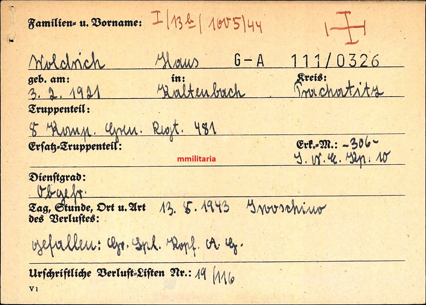 Sterbebild Obergefreiter Kaltenbach 8. Komp. Gren. Regt. 481 Iwoschino Russland - www.mmilitaria.com