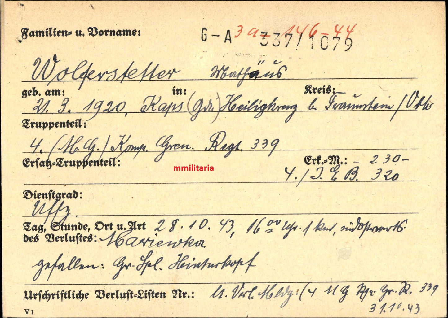 Sterbebild Unteroffizier Kaps 4.(MG) Komp. Gren. Regt. 339 Mariewka Russland