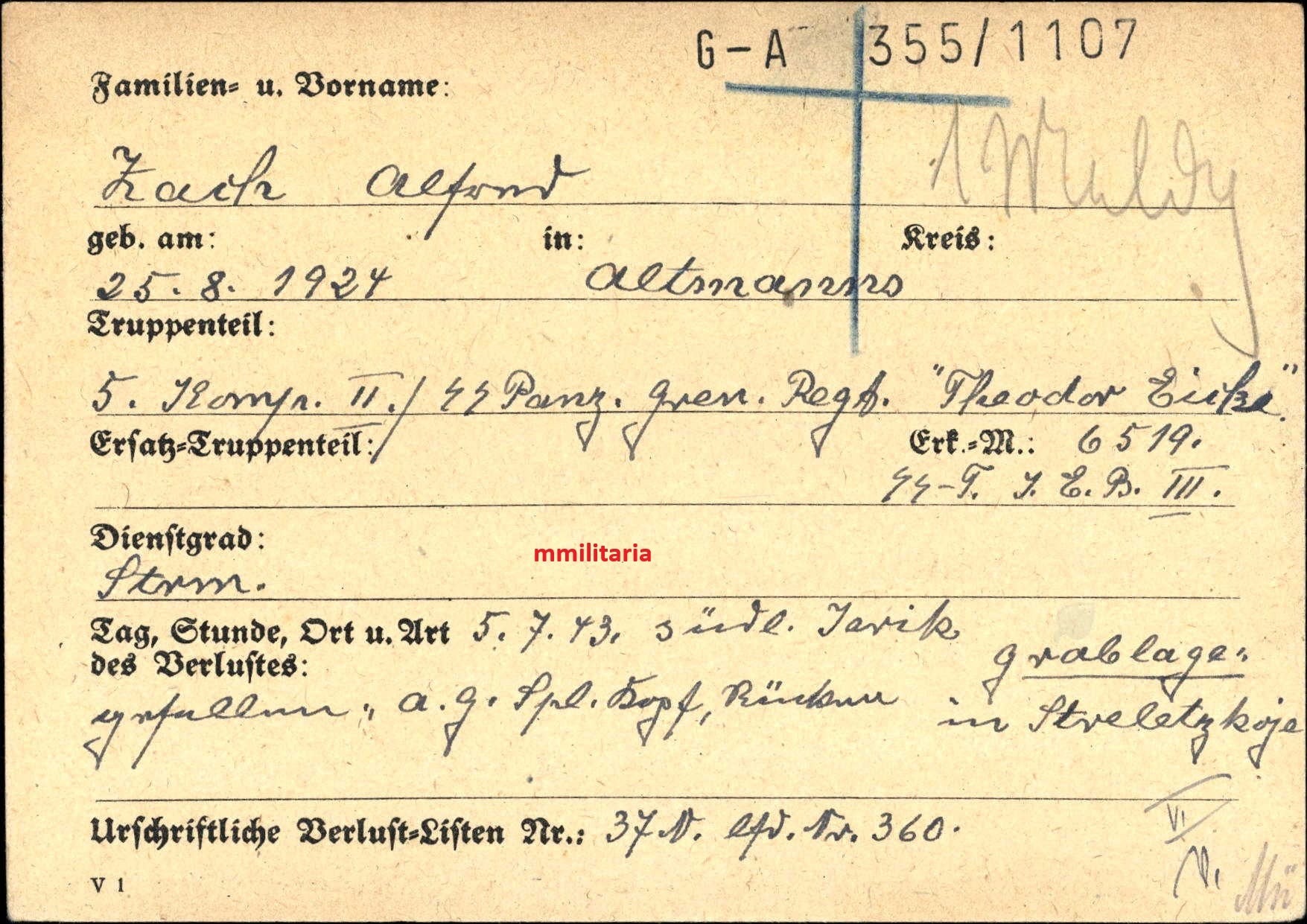 Sterbebild SS-Sturmmann Altmanns 5. Komp. SS-Panzer Gren. Regt. "Theodor Eicke" PSA Bjelgorod Russland - www.mmilitaria.com