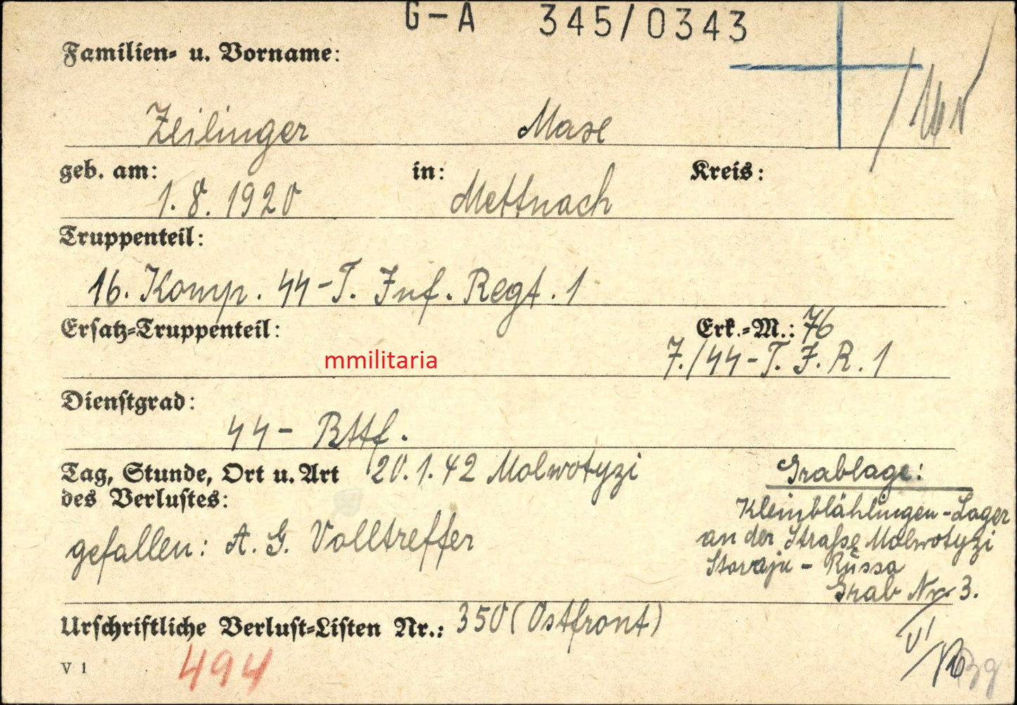 Sterbebild SS-Rottenführer Mettmach 16. Komp. SS "Totenkopf" Inf. Regt. 1 Molwotizy Korpowo Russland