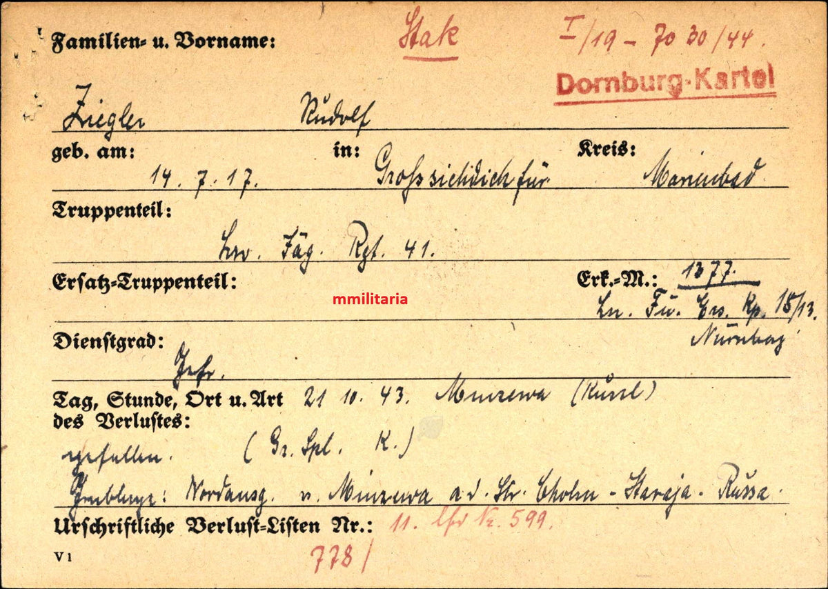 Sterbebild Gefreiter Großsichdichfür (Velká Hleďsebe) LW-Jäger Regt. 41 Minzewa Russland