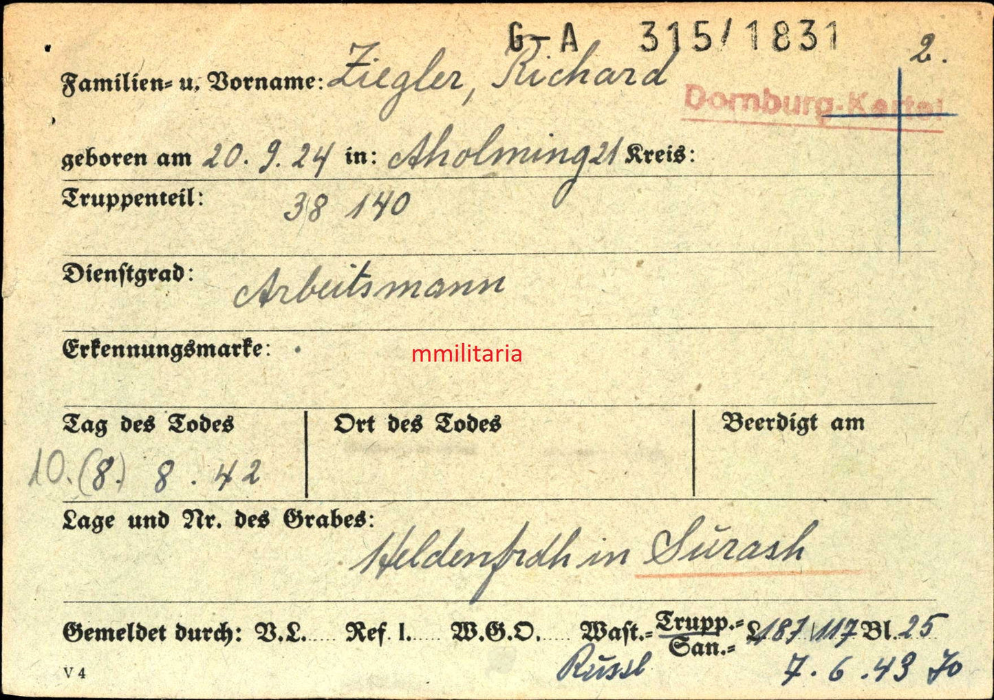 Sterbebild Arbeitsmann RAD Aholming 18 Jahre Surash Weissrussland