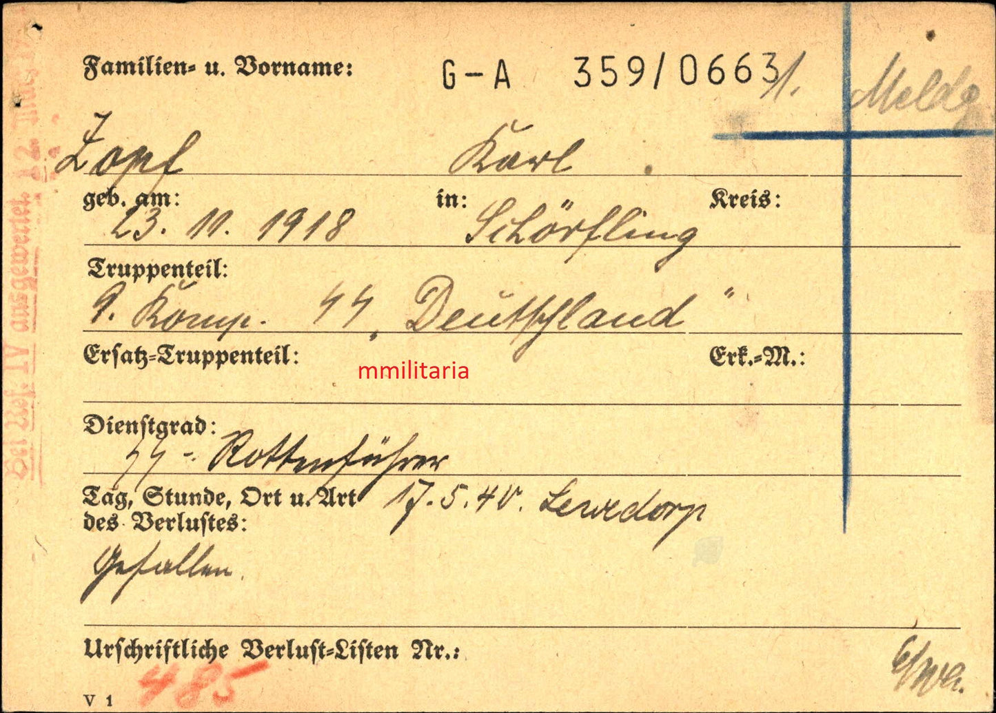 Sterbebild SS-Rottenführer Schörfling 9. Komp. SS Regt. "Deutschland" Lewedorp Zeeland Holland