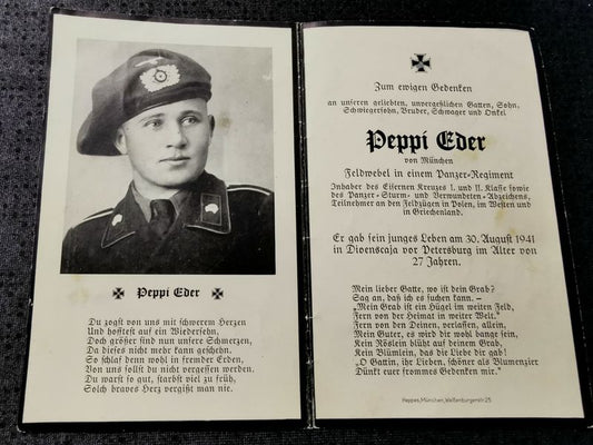 Sterbebild Feldwebel 6. Komp. Panz. Regt. 10 EK I&II PSA Panzermütze früh Diwenskaja Russland - www.mmilitaria.com