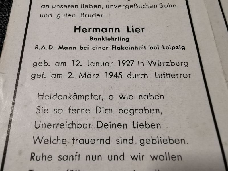 Sterbebild Arbeitsmann RAD Würzburg Flakeinheit Leipzig Endkampf Luftterror Leipzig Deutzen Borna Deutschland