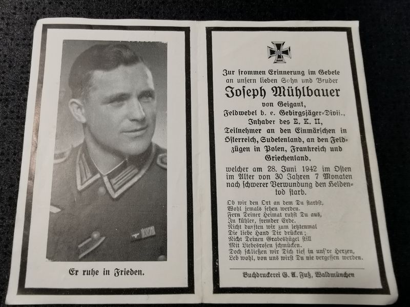 Sterbebild Feldwebel 6. Geb. Jäger Regt. 85 Einmarsch Österreich & Sudetenland EK II Fedorowskoje Russland