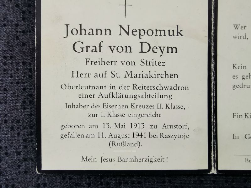 Sterbebild Oberleutnant Arnstorf Adel Reiterschwadron Aufklärungs Abt. EK II Raszytoje Russland