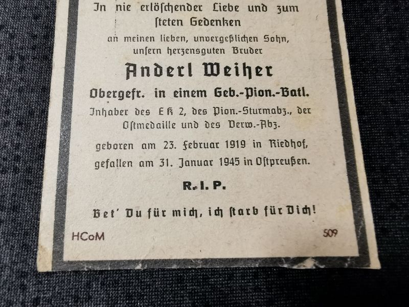 Sterbebild Obergefreiter Riedhof Gebirgs-Pionier Regt. Pionier Sturmabz. Endkampf Ostpreußen