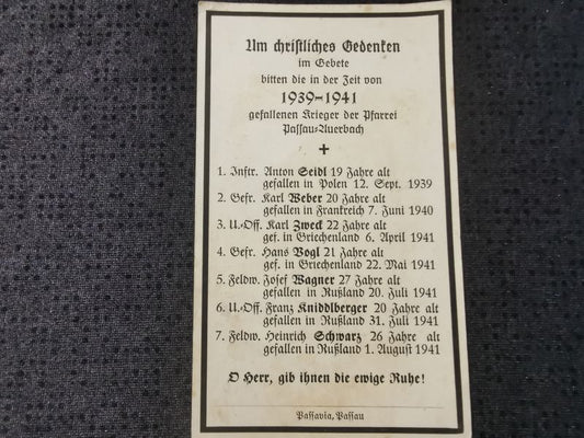 Sterbebild Ahnenbild Gefallene der Gemeinde Passau-Auerbach 1939-1941 Unteroffizier Feldwebel Polen Frankreich