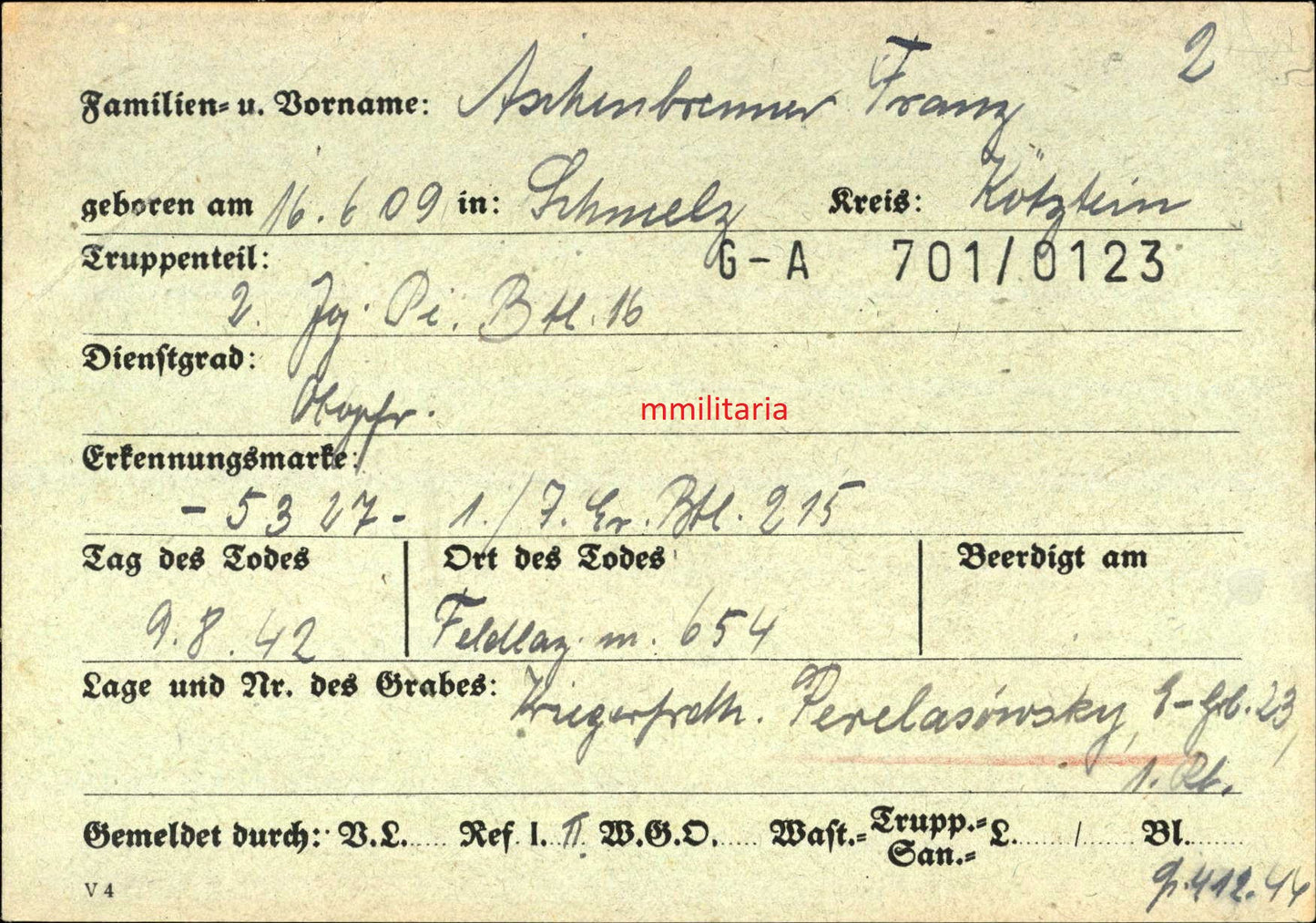 Sterbebild Obergefreiter Panzer Gren. 2. Jäger Pi. Btl. 16 Panzerkampfabzeichen HVP Rossoschka Russland