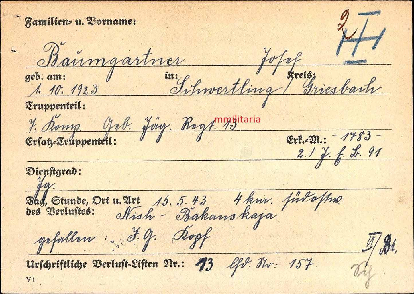 Sterbebild Gefreiter 7. Komp. Geb. Jäger Regt. 13 Abwehrkampf Nish-Bakanskaja Russland