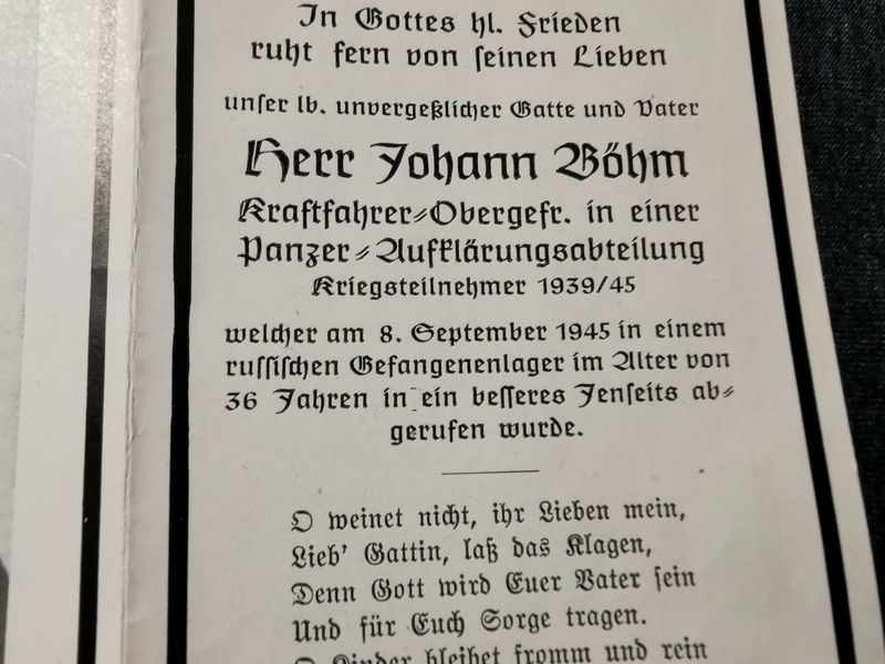 Sterbebild Obergefreiter Panzer Aufklärungsabteilung Gefangenenlager Russland