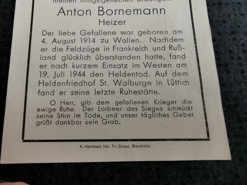 Sterbebild Gefreiter Westen St. Walburge Lüttich Lommel Belgien